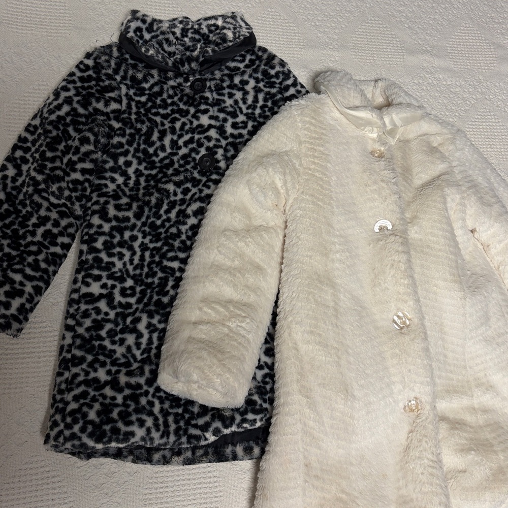 Calvin Klein Jeans Kids Black Leopard and White Fur Coats Size 6 and 6X